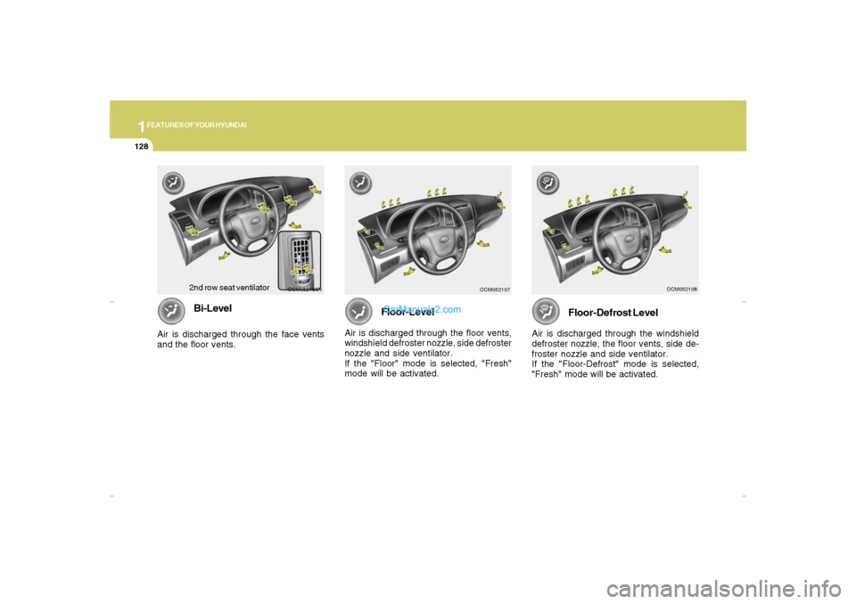 Hyundai Santa Fe 2007  Owners Manual 1FEATURES OF YOUR HYUNDAI
128
OCM052106N
OCM052107
Bi-Level
Air is discharged through the face vents
and the floor vents.
Floor-Level
Air is discharged through the floor vents,
windshield defroster no