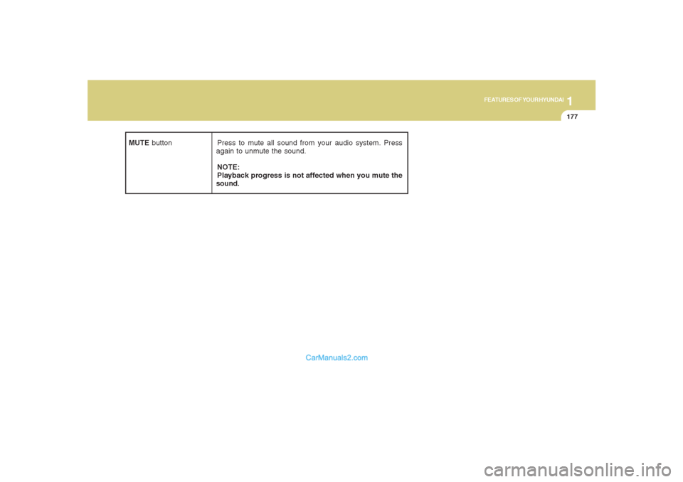 Hyundai Santa Fe 2007  Owners Manual 1177177177177177177
FEATURES OF YOUR HYUNDAI
MUTE button Press to mute all sound from your audio system. Press
again to unmute the sound.
NOTE:
Playback progress is not affected when you mute the
soun