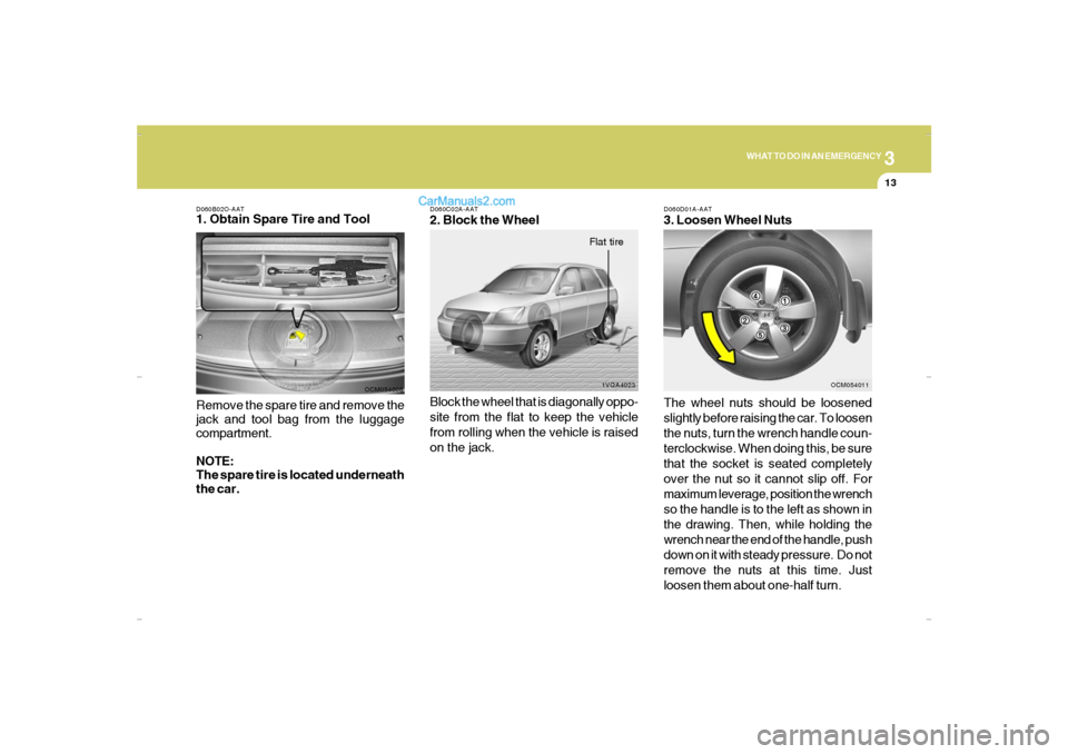 Hyundai Santa Fe 2007  Owners Manual 3
WHAT TO DO IN AN EMERGENCY
13
D060D01A-AAT3. Loosen Wheel Nuts
The wheel nuts should be loosened
slightly before raising the car. To loosen
the nuts, turn the wrench handle coun-
terclockwise. When 