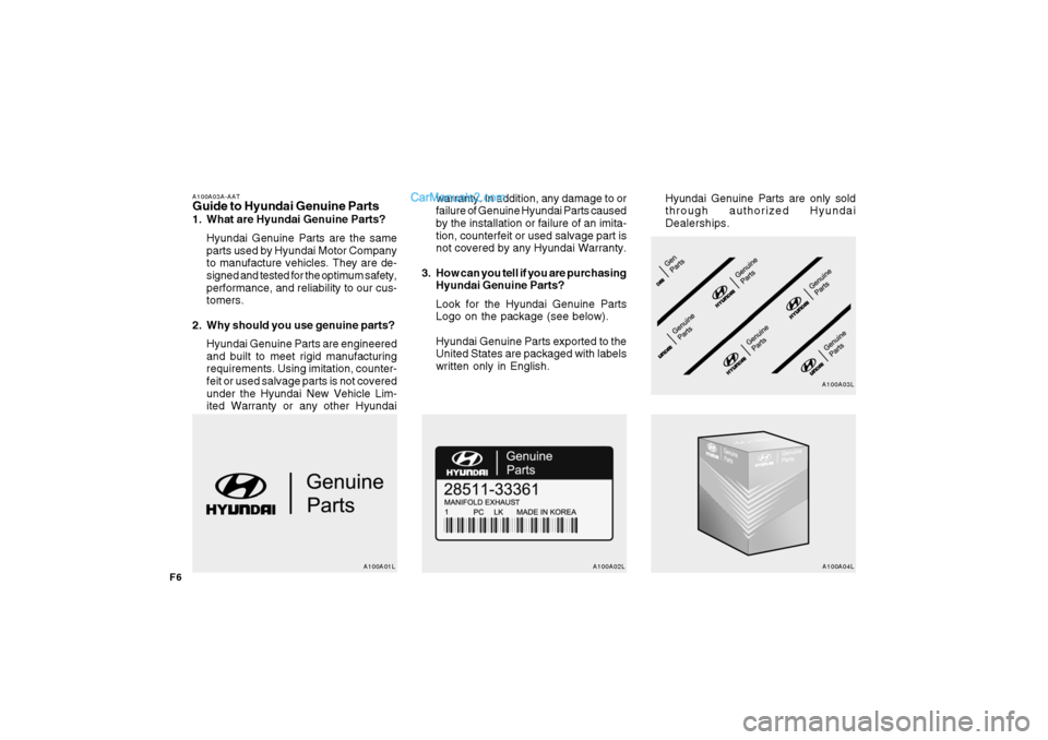Hyundai Santa Fe 2007  Owners Manual F6
A100A03A-AATGuide to Hyundai Genuine Parts1. What are Hyundai Genuine Parts?
Hyundai Genuine Parts are the same
parts used by Hyundai Motor Company
to manufacture vehicles. They are de-
signed and 