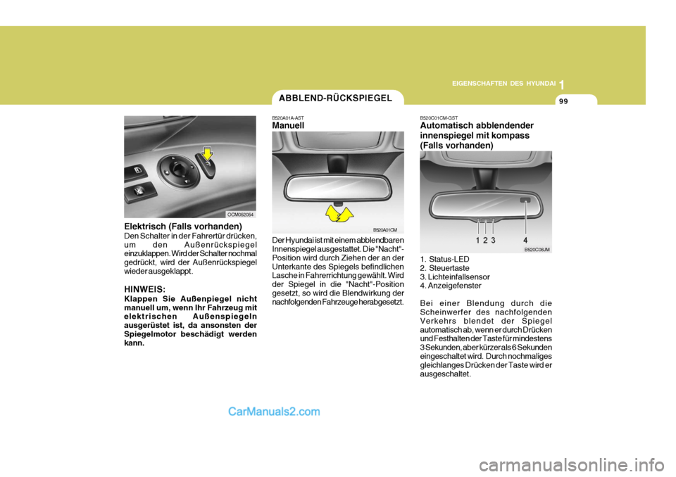 Hyundai Santa Fe 2007 Betriebsanleitung (in German) 1
EIGENSCHAFTEN DES HYUNDAI
99ABBLEND-RÜCKSPIEGEL
B520A01A-AST Manuell Der Hyundai ist mit einem abblendbaren Innenspiegel ausgestattet. Die "Nacht"- Position wird durch Ziehen der an derUnterkante d Hyundai Santa Fe 2007 Betriebsanleitung (in German) 1
EIGENSCHAFTEN DES HYUNDAI
99ABBLEND-RÜCKSPIEGEL
B520A01A-AST Manuell Der Hyundai ist mit einem abblendbaren Innenspiegel ausgestattet. Die "Nacht"- Position wird durch Ziehen der an derUnterkante d