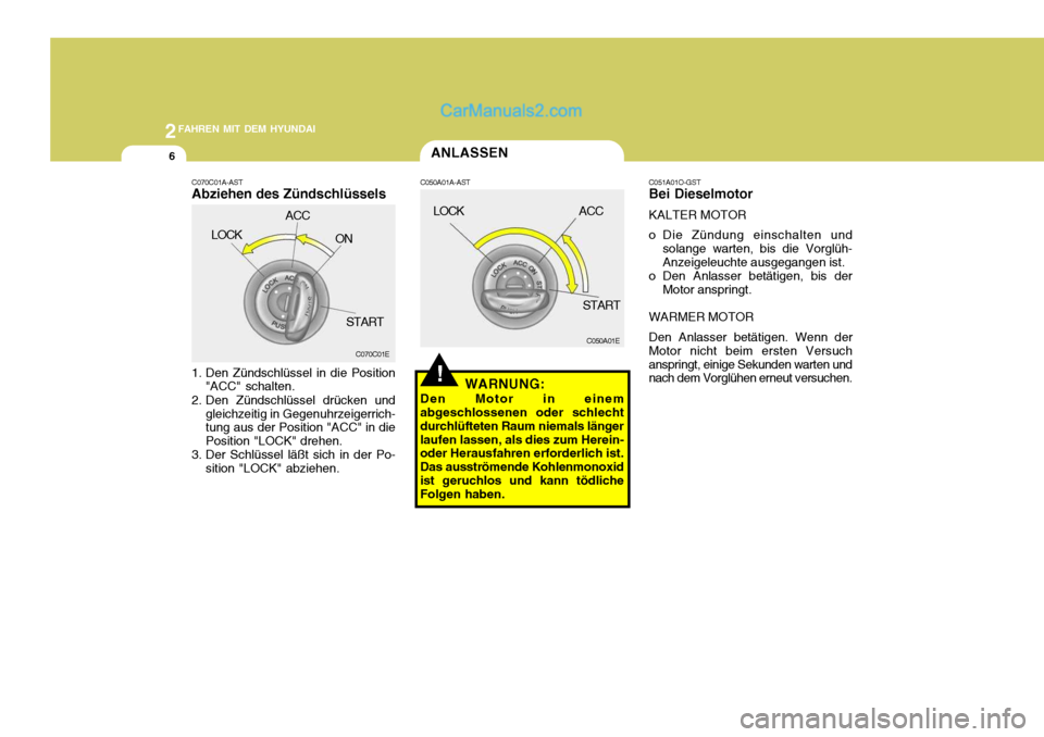 Hyundai Santa Fe 2007  Betriebsanleitung (in German) 2FAHREN MIT DEM HYUNDAI
6ANLASSEN
!
C050A01E
C050A01A-AST
WARNUNG:
Den Motor in einem
abgeschlossenen oder schlecht durchlüfteten Raum niemals längerlaufen lassen, als dies zum Herein- oder Herausfa