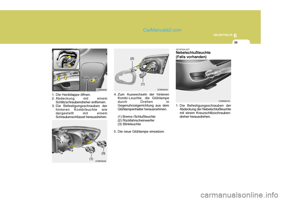 Hyundai Santa Fe 2007  Betriebsanleitung (in German) 6
SELBSTHILFE
35
1. Die Heckklappe öffnen. 
2. Abdeckung mit einem Schlitzschraubendreher entfernen.
3. Die Befestigungsschrauben der
hinteren Kombileuchte wie dargestellt mit einem Schraubenschlüss
