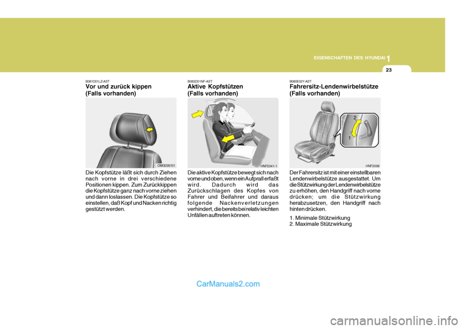 Hyundai Santa Fe 2007 Betriebsanleitung (in German) 1
EIGENSCHAFTEN DES HYUNDAI
23
B080E02Y-AST Fahrersitz-Lendenwirbelstütze (Falls vorhanden) Der Fahrersitz ist mit einer einstellbaren Lendenwirbelstütze ausgestattet. Umdie Stützwirkung der Lenden Hyundai Santa Fe 2007 Betriebsanleitung (in German) 1
EIGENSCHAFTEN DES HYUNDAI
23
B080E02Y-AST Fahrersitz-Lendenwirbelstütze (Falls vorhanden) Der Fahrersitz ist mit einer einstellbaren Lendenwirbelstütze ausgestattet. Umdie Stützwirkung der Lenden