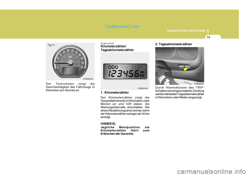 Hyundai Santa Fe 2007  Betriebsanleitung (in German) 1
EIGENSCHAFTEN DES HYUNDAI
73
OCM052203L
OCM052220L
Typ C
Der Tachometer zeigt die Geschwindigkeit des Fahrzeugs in Kilometer pro Stunde an. B310B01CM-GST Kilometerzähler/ Tageskilometerzähler 1. K
