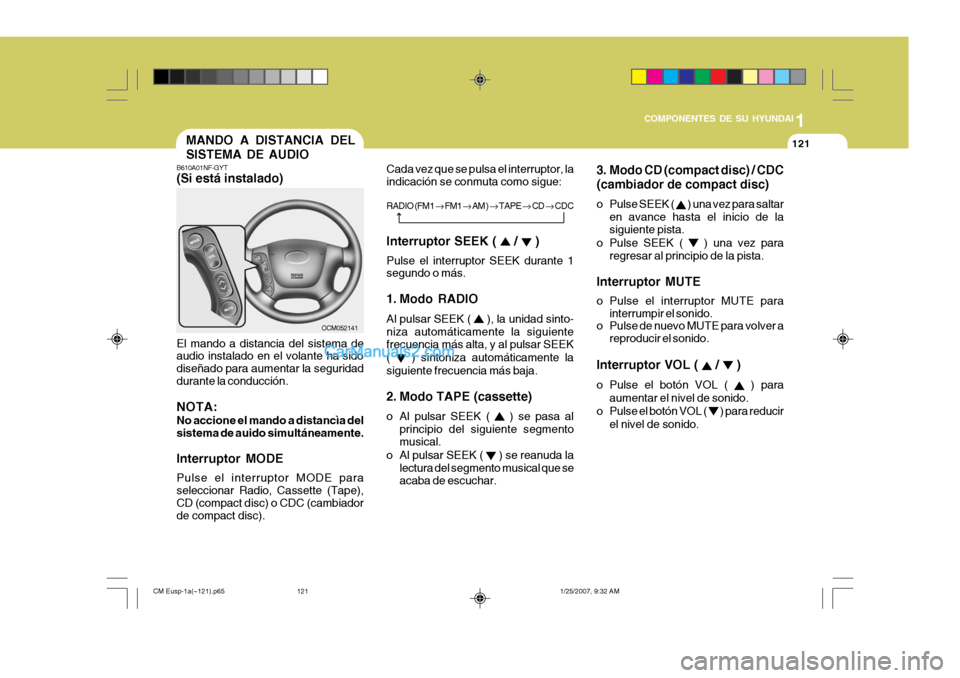 Hyundai Santa Fe 2007 Manual del propietario (in Spanish) 1
COMPONENTES DE SU HYUNDAI
121MANDO A DISTANCIA DEL SISTEMA DE AUDIO
3. Modo CD (compact disc) / CDC(cambiador de compact disc)
o Pulse SEEK (
) una vez para saltar
en avance hasta el inicio de la Hyundai Santa Fe 2007 Manual del propietario (in Spanish) 1
COMPONENTES DE SU HYUNDAI
121MANDO A DISTANCIA DEL SISTEMA DE AUDIO
3. Modo CD (compact disc) / CDC(cambiador de compact disc)
o Pulse SEEK (
) una vez para saltar
en avance hasta el inicio de la