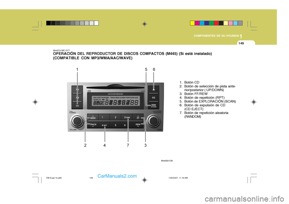 Hyundai Santa Fe 2007  Manual del propietario (in Spanish) 1
COMPONENTES DE SU HYUNDAI
149149
M445C01MC-GYT OPERACIÓN DEL REPRODUCTOR DE DISCOS COMPACTOS (M445) (Si está instalado) (COMPATIBLE CON MP3/WMA/AAC/WAVE)
1. Botón CD 
2. Botón de selección de p