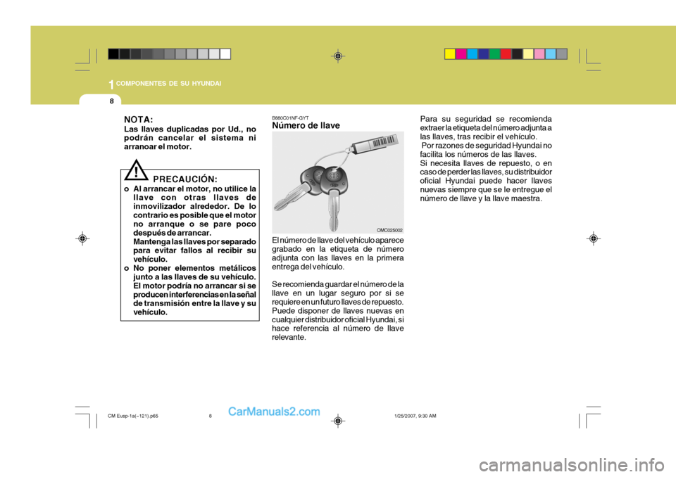Hyundai Santa Fe 2007 Manual del propietario (in Spanish) 1COMPONENTES DE SU HYUNDAI
8
Para su seguridad se recomienda extraer la etiqueta del número adjunta alas llaves, tras recibir el vehículo. Por razones de seguridad Hyundai no facilita los números Hyundai Santa Fe 2007 Manual del propietario (in Spanish) 1COMPONENTES DE SU HYUNDAI
8
Para su seguridad se recomienda extraer la etiqueta del número adjunta alas llaves, tras recibir el vehículo. Por razones de seguridad Hyundai no facilita los números