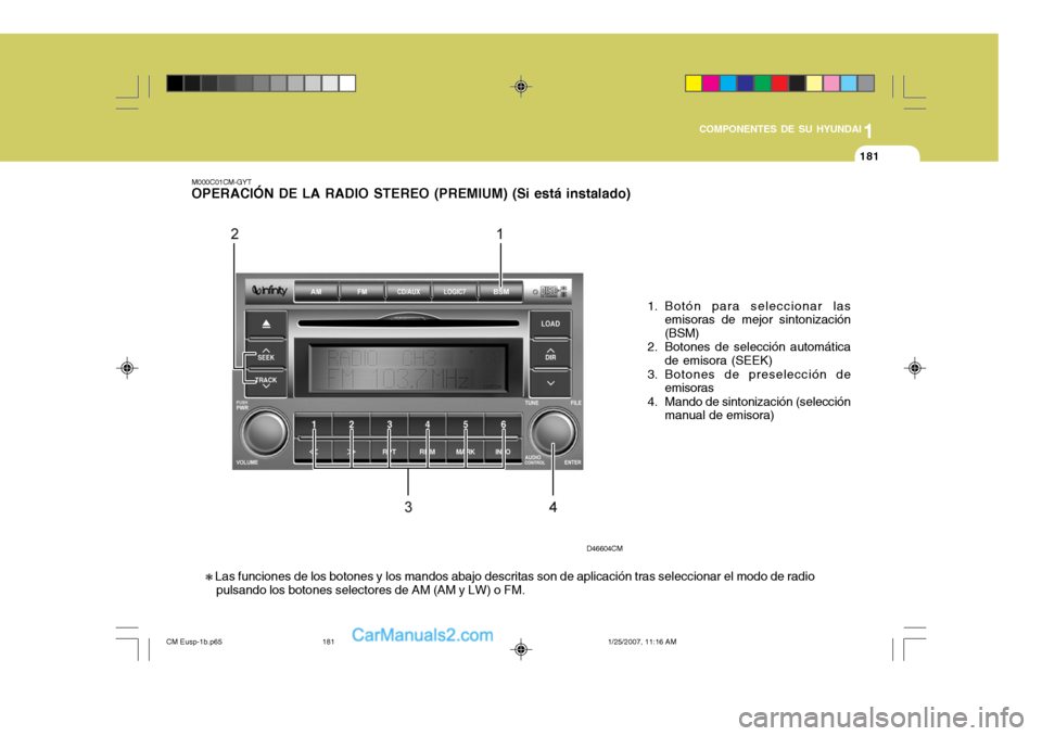 Hyundai Santa Fe 2007  Manual del propietario (in Spanish) 1
COMPONENTES DE SU HYUNDAI
181181
M000C01CM-GYT OPERACIÓN DE LA RADIO STEREO (PREMIUM) (Si está instalado)
1. Botón para seleccionar lasemisoras de mejor sintonización (BSM)
2. Botones de selecci