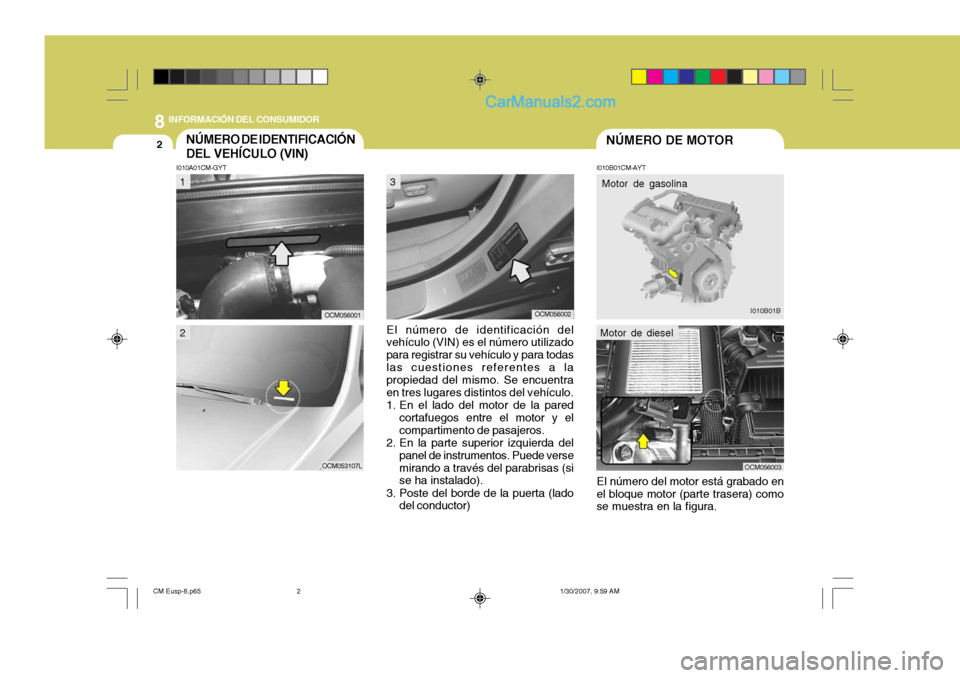 Hyundai Santa Fe 2007  Manual del propietario (in Spanish) 8INFORMACIÓN DEL CONSUMIDOR
2NÚMERO DE MOTORNÚMERO DE IDENTIFICACIÓN DEL VEHÍCULO (VIN)
I010B01CM-AYT
I010A01CM-GYT
El número de identificación del
vehículo (VIN) es el número utilizado para 