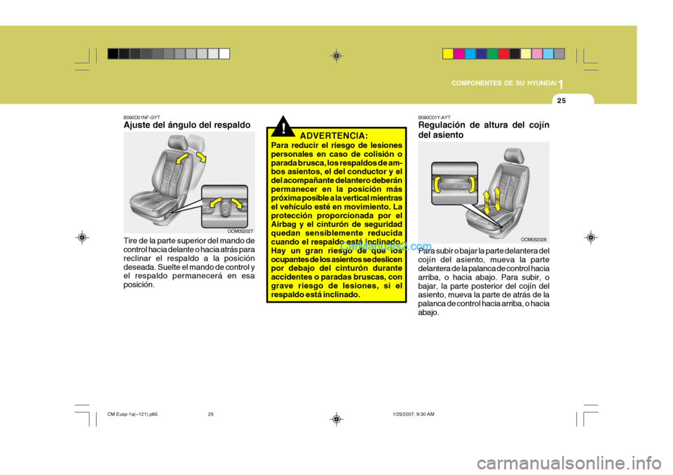 Hyundai Santa Fe 2007 Manual del propietario (in Spanish) 1
COMPONENTES DE SU HYUNDAI
25
!
B090D01NF-GYT Ajuste del ángulo del respaldo Tire de la parte superior del mando de control hacia delante o hacia atrás para reclinar el respaldo a la posicióndesea Hyundai Santa Fe 2007 Manual del propietario (in Spanish) 1
COMPONENTES DE SU HYUNDAI
25
!
B090D01NF-GYT Ajuste del ángulo del respaldo Tire de la parte superior del mando de control hacia delante o hacia atrás para reclinar el respaldo a la posicióndesea
