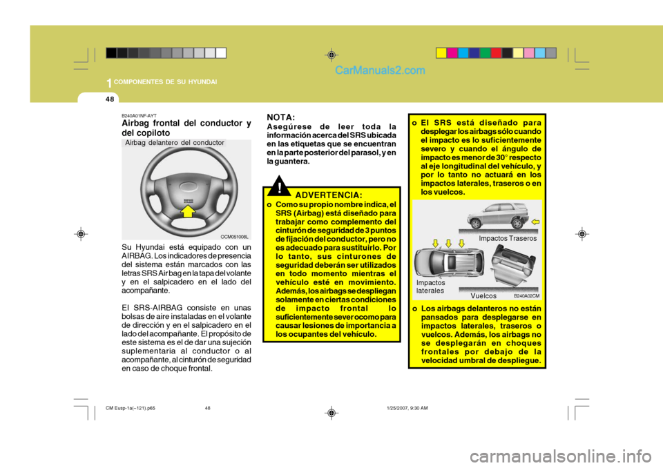 Hyundai Santa Fe 2007 Manual del propietario (in Spanish) 1COMPONENTES DE SU HYUNDAI
48
!
OCM051008L
NOTA: Asegúrese de leer toda la información acerca del SRS ubicada en las etiquetas que se encuentranen la parte posterior del parasol, y en la guantera.
A Hyundai Santa Fe 2007 Manual del propietario (in Spanish) 1COMPONENTES DE SU HYUNDAI
48
!
OCM051008L
NOTA: Asegúrese de leer toda la información acerca del SRS ubicada en las etiquetas que se encuentranen la parte posterior del parasol, y en la guantera.
A
