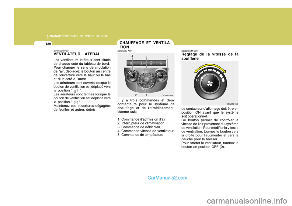 Hyundai Santa Fe 2007  Manuel du propriétaire (in French) 1CARACTÉRISTIQUES DE VOTRE HYUNDAI
120CHAUFFAGE ET VENTILA- TION
B670A03O-AUT Il y a trois commandes et deux
contacteurs pour le système de chauffage et de refroidissement,comme suit: 
1. Commande d