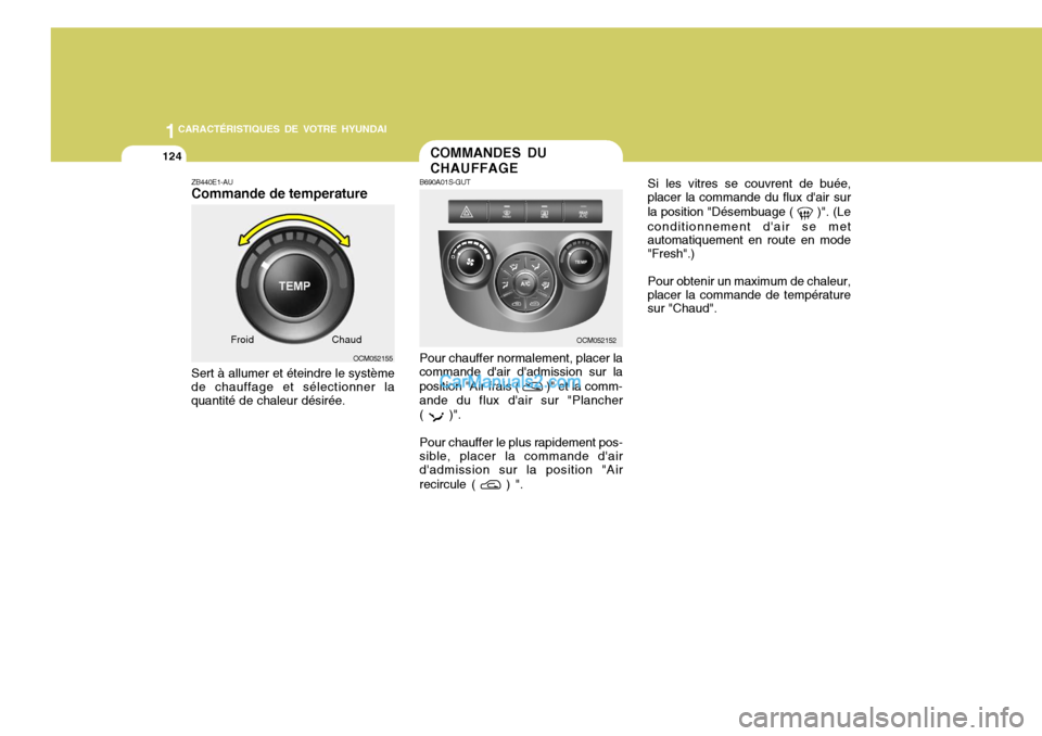 Hyundai Santa Fe 2007  Manuel du propriétaire (in French) 1CARACTÉRISTIQUES DE VOTRE HYUNDAI
124
Si les vitres se couvrent de buée,
placer la commande du flux dair sur la position "Désembuage ( 
 )". (Le
conditionnement dair se met automatiquement en ro