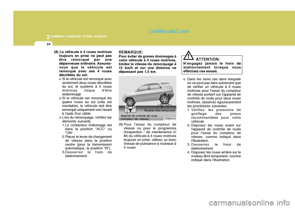 Hyundai Santa Fe 2007  Manuel du propriétaire (in French) 2COMMENT CONDUIRE VOTRE HYUNDAI
24
(8) Le véhicule à 4 roues motricestoujours en prise ne peut pas être remorqué par une dépanneuse ordinaire. Assurez- vous que le véhicule estremorqué avec ses
