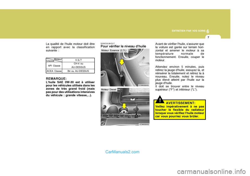 Hyundai Santa Fe 2007  Manuel du propriétaire (in French) 6
ENTRETIEN PAR VOS SOINS
7
G030C02JM-GUT Pour vérifier le niveau dhuile Avant de vérifier lhuile, sassurer que
la voiture est garée sur terrain hori- zontal et amener le moteur à sa températu