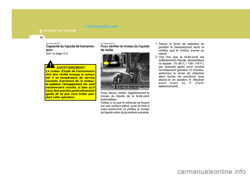 Hyundai Santa Fe 2007  Manuel du propriétaire (in French) 6ENTRETIEN PAR VOS SOINS
16
!
G110C01CM-GUT Capacité du liquide de transmis- sion Voir la page 9-4.
AVERTISSEMENT:
Le niveau dhuile de transmission doit être vérifié lorsque le moteur est à sa t