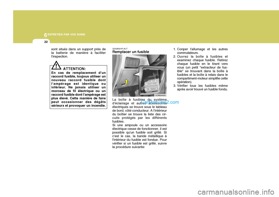 Hyundai Santa Fe 2007  Manuel du propriétaire (in French) 6ENTRETIEN PAR VOS SOINS
22
G200B02HP-AUT Remplacer un fusible La boîte à fusibles du système
déclairage et autres accessoires électriques se trouve sous le tableau de bord, côté conducteur. A