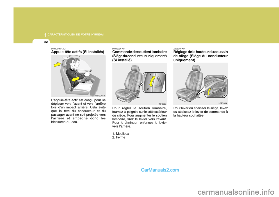 Hyundai Santa Fe 2007  Manuel du propriétaire (in French) 1CARACTÉRISTIQUES DE VOTRE HYUNDAI
22
ZB060F1-AU Réglage de la hauteur du coussin
de siège (Siège du conducteur uniquement)
Pour lever ou abaisser le siège, levez
ou abaissez le levier de command