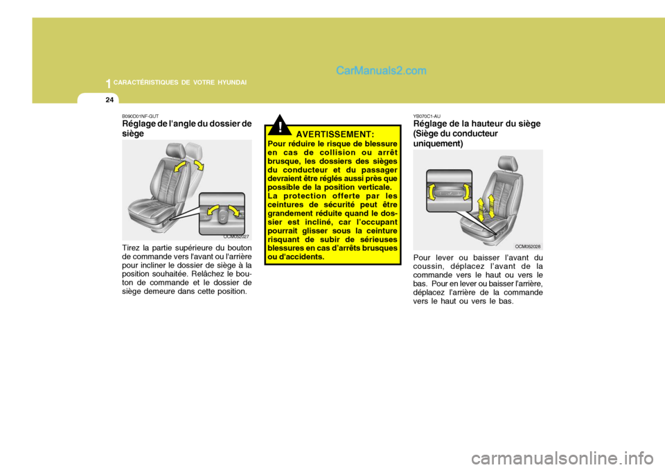 Hyundai Santa Fe 2007  Manuel du propriétaire (in French) 1CARACTÉRISTIQUES DE VOTRE HYUNDAI
24
YB070C1-AU Réglage de la hauteur du siège
(Siège du conducteur
uniquement)
Pour lever ou baisser l’avant du
coussin, déplacez l’avant de la commande vers