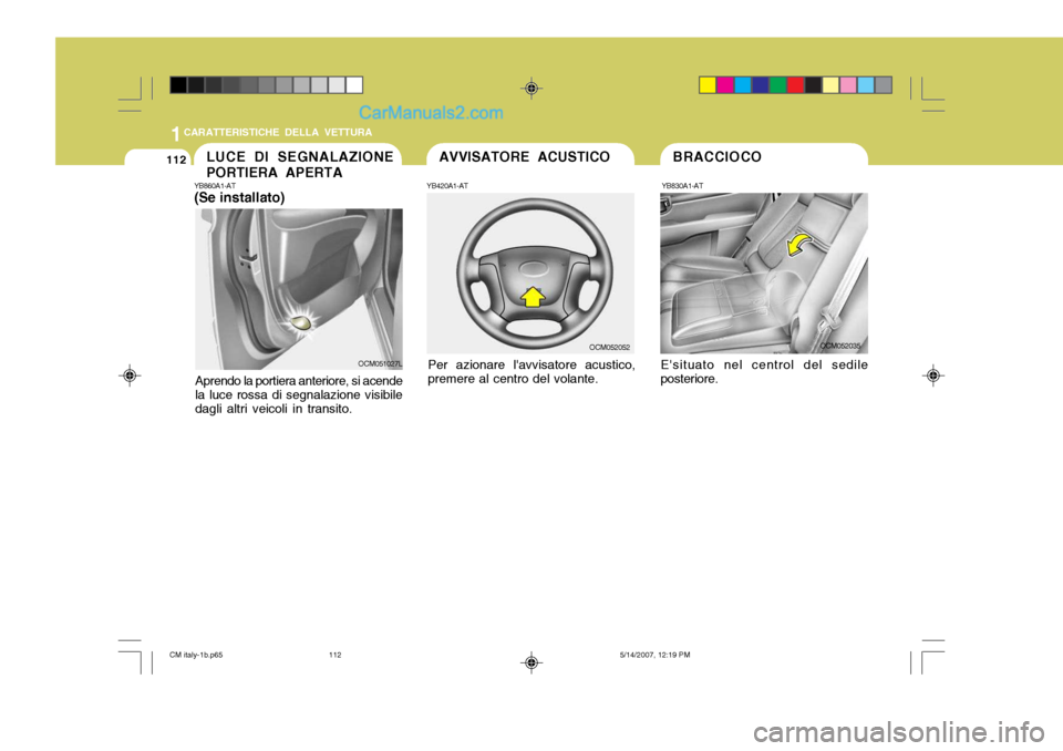 Hyundai Santa Fe 2007  Manuale del proprietario (in Italian) 1CARATTERISTICHE DELLA VETTURA
112
YB830A1-AT
OCM052035
Esituato nel centrol del sedile
posteriore. BRACCIOCOYB860A1-AT (Se installato)
Aprendo la portiera anteriore, si acende la luce rossa di segna