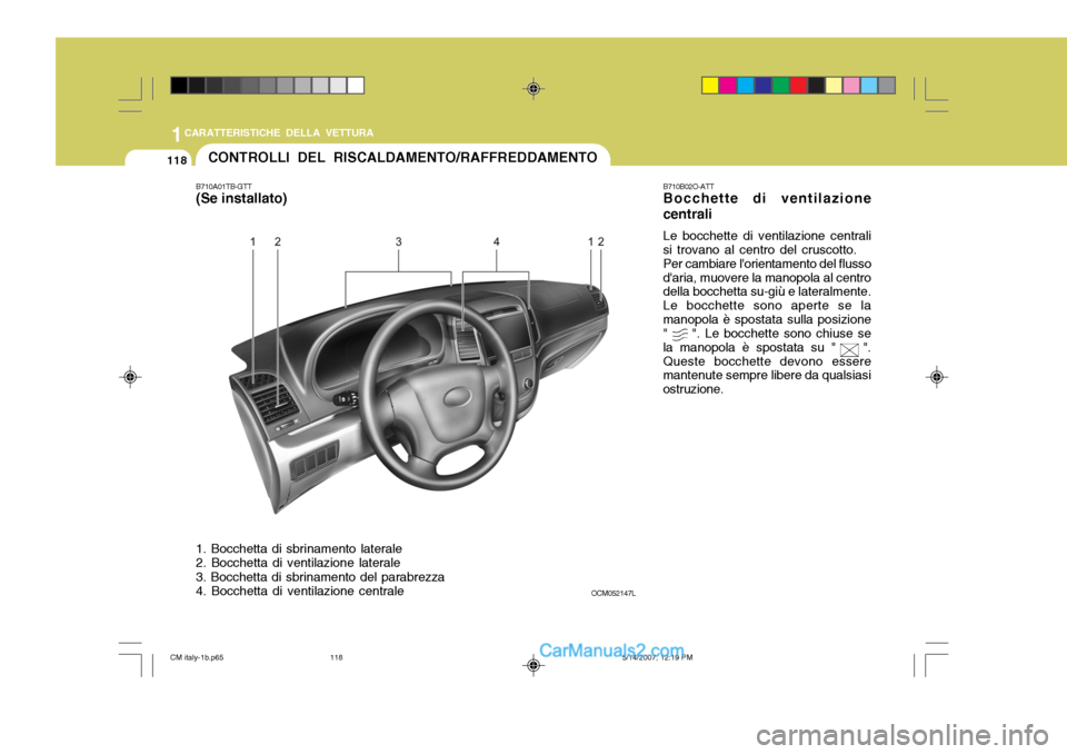Hyundai Santa Fe 2007  Manuale del proprietario (in Italian) 1CARATTERISTICHE DELLA VETTURA
118CONTROLLI DEL RISCALDAMENTO/RAFFREDDAMENTO
B710A01TB-GTT 
(Se installato) 1. Bocchetta di sbrinamento laterale 2. Bocchetta di ventilazione laterale 3. Bocchetta di s