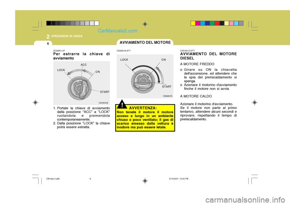 Hyundai Santa Fe 2007  Manuale del proprietario (in Italian) 2 OPERAZIONI DI GUIDA
6AVVIAMENTO DEL MOTORE
!
C050A01E
C050A01A-ATT
AVVERTENZA:
Non tenete il motore il motore
acceso a lungo in un ambiente chiuso o poco ventilato; il gas discarico emesso dalla vet