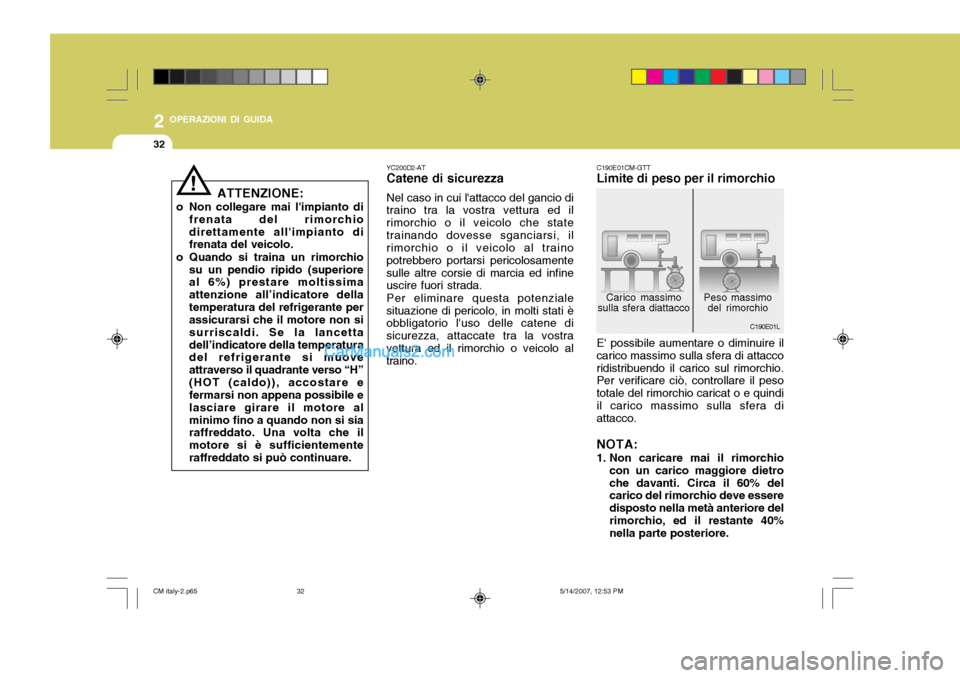 Hyundai Santa Fe 2007 Manuale del proprietario (in Italian) 2 OPERAZIONI DI GUIDA
32
Carico massimo
sulla sfera diattacco Peso massimo
del rimorchio
C190E01L
C190E01CM-GTT Limite di peso per il rimorchio E possibile aumentare o diminuire il
carico massimo sul Hyundai Santa Fe 2007 Manuale del proprietario (in Italian) 2 OPERAZIONI DI GUIDA
32
Carico massimo
sulla sfera diattacco Peso massimo
del rimorchio
C190E01L
C190E01CM-GTT Limite di peso per il rimorchio E possibile aumentare o diminuire il
carico massimo sul