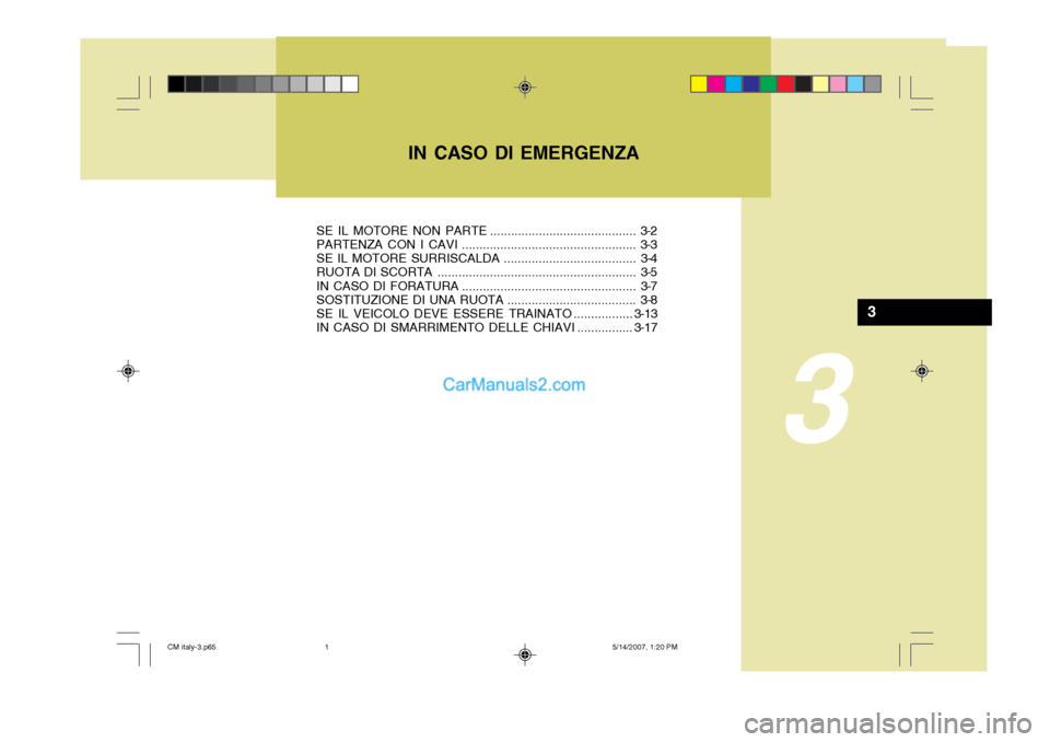 Hyundai Santa Fe 2007  Manuale del proprietario (in Italian) IN CASO DI EMERGENZA
3
3
SE IL MOTORE NON PARTE .......................................... 3-2 PARTENZA CON I CAVI .................................................. 3-3
SE IL MOTORE  SURRISCALDA.....