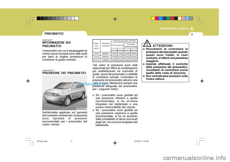 Hyundai Santa Fe 2007 Manuale del proprietario (in Italian) 8
INFORMAZIONI GENERALI
3PNEUMATICI
I030A01CM-GTT PRESSIONE DEI PNEUMATICI Sulletichetta applicata sul pannello
del montante centrale lato conducente sono riportate le pressioni raccomandate per i pn Hyundai Santa Fe 2007 Manuale del proprietario (in Italian) 8
INFORMAZIONI GENERALI
3PNEUMATICI
I030A01CM-GTT PRESSIONE DEI PNEUMATICI Sulletichetta applicata sul pannello
del montante centrale lato conducente sono riportate le pressioni raccomandate per i pn