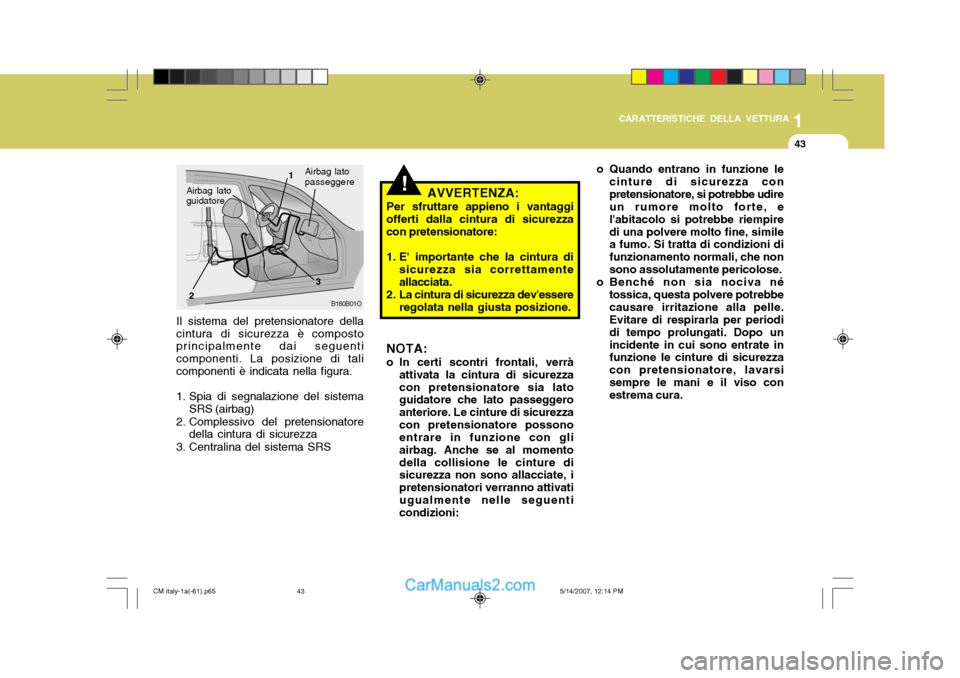 Hyundai Santa Fe 2007 Manuale del proprietario (in Italian) 1
CARATTERISTICHE DELLA VETTURA
43
B180B01O
1
2 3Airbag lato passeggere
!
Il sistema del pretensionatore della cintura di sicurezza è composto principalmente dai seguenti componenti. La posizione di Hyundai Santa Fe 2007 Manuale del proprietario (in Italian) 1
CARATTERISTICHE DELLA VETTURA
43
B180B01O
1
2 3Airbag lato passeggere
!
Il sistema del pretensionatore della cintura di sicurezza è composto principalmente dai seguenti componenti. La posizione di