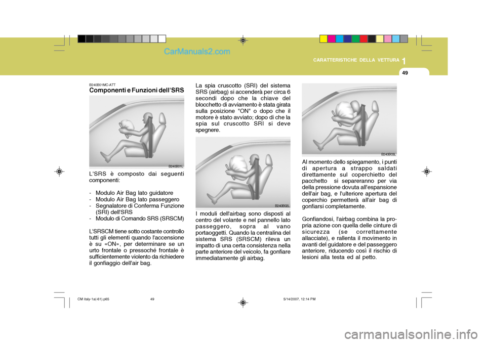 Hyundai Santa Fe 2007 Manuale del proprietario (in Italian) 1
CARATTERISTICHE DELLA VETTURA
49
B240B02L Al momento dello spiegamento, i punti
di apertura a strappo saldati direttamente sul coperchietto del pacchetto si separeranno per via della pressione dovu Hyundai Santa Fe 2007 Manuale del proprietario (in Italian) 1
CARATTERISTICHE DELLA VETTURA
49
B240B02L Al momento dello spiegamento, i punti
di apertura a strappo saldati direttamente sul coperchietto del pacchetto si separeranno per via della pressione dovu