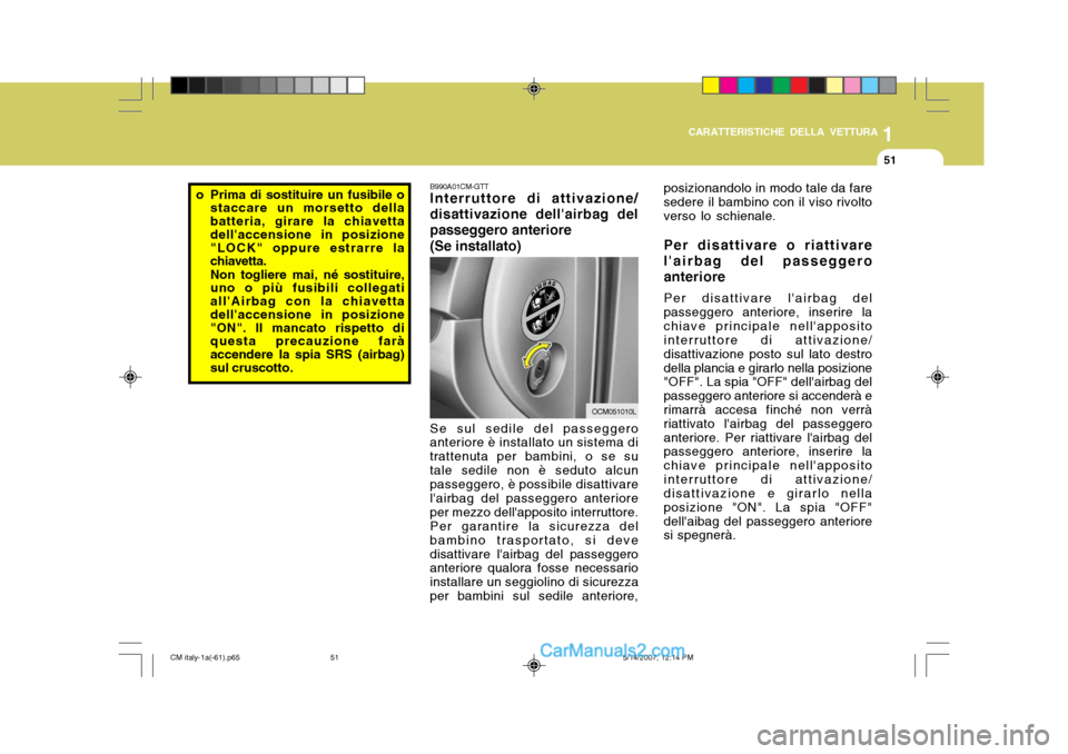 Hyundai Santa Fe 2007 Manuale del proprietario (in Italian) 1
CARATTERISTICHE DELLA VETTURA
51
B990A01CM-GTT Interruttore di attivazione/
disattivazione dellairbag del passeggero anteriore
(Se installato)
OCM051010L
Se sul sedile del passeggero
anteriore è i Hyundai Santa Fe 2007 Manuale del proprietario (in Italian) 1
CARATTERISTICHE DELLA VETTURA
51
B990A01CM-GTT Interruttore di attivazione/
disattivazione dellairbag del passeggero anteriore
(Se installato)
OCM051010L
Se sul sedile del passeggero
anteriore è i