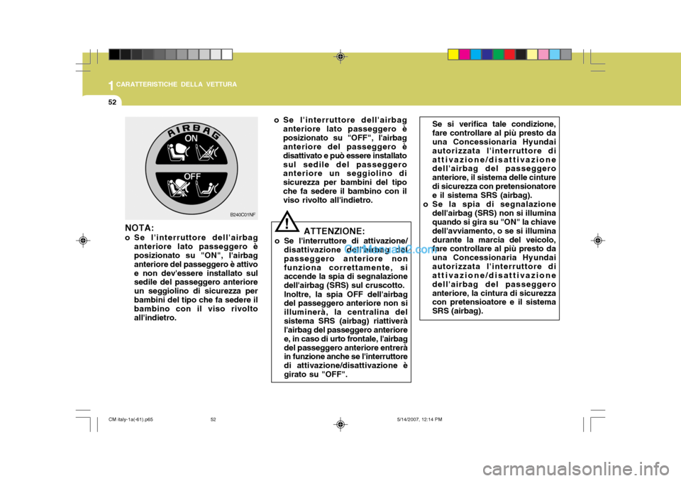 Hyundai Santa Fe 2007 Manuale del proprietario (in Italian) 1CARATTERISTICHE DELLA VETTURA
52
Se si verifica tale condizione, fare controllare al più presto da una Concessionaria Hyundai autorizzata linterruttore diattivazione/disattivazione dellairbag del Hyundai Santa Fe 2007 Manuale del proprietario (in Italian) 1CARATTERISTICHE DELLA VETTURA
52
Se si verifica tale condizione, fare controllare al più presto da una Concessionaria Hyundai autorizzata linterruttore diattivazione/disattivazione dellairbag del