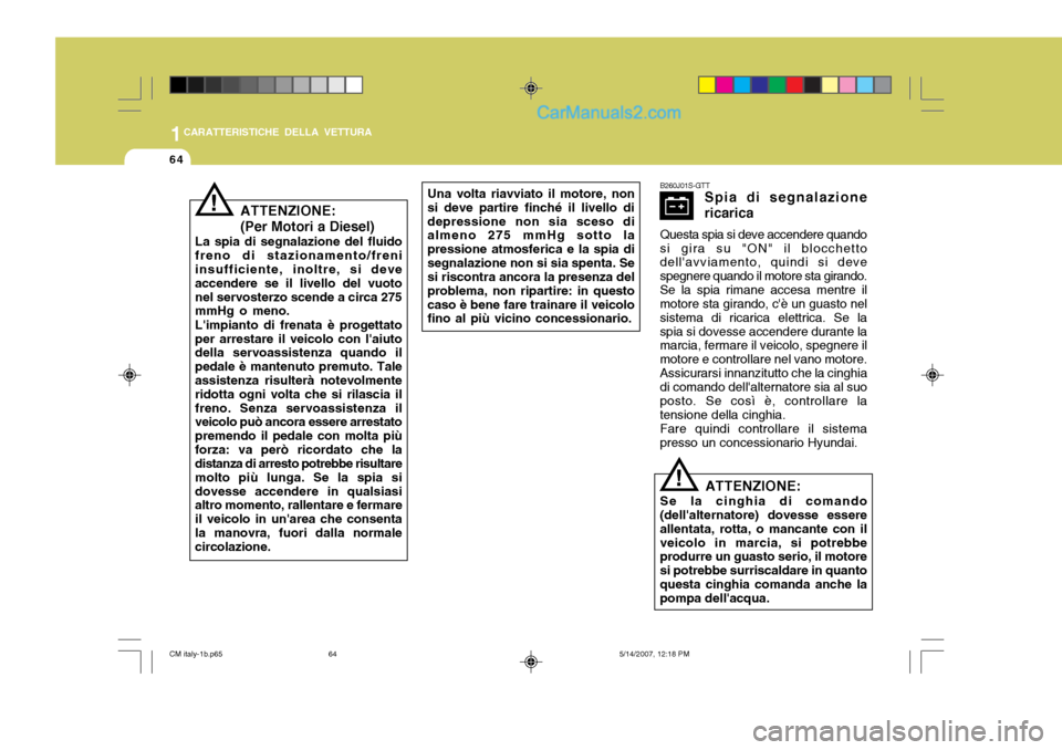 Hyundai Santa Fe 2007 Manuale del proprietario (in Italian) 1CARATTERISTICHE DELLA VETTURA
64
ATTENZIONE: (Per Motori a Diesel)
La spia di segnalazione del fluido freno di stazionamento/freni insufficiente, inoltre, si deve accendere se il livello del vuotonel Hyundai Santa Fe 2007 Manuale del proprietario (in Italian) 1CARATTERISTICHE DELLA VETTURA
64
ATTENZIONE: (Per Motori a Diesel)
La spia di segnalazione del fluido freno di stazionamento/freni insufficiente, inoltre, si deve accendere se il livello del vuotonel