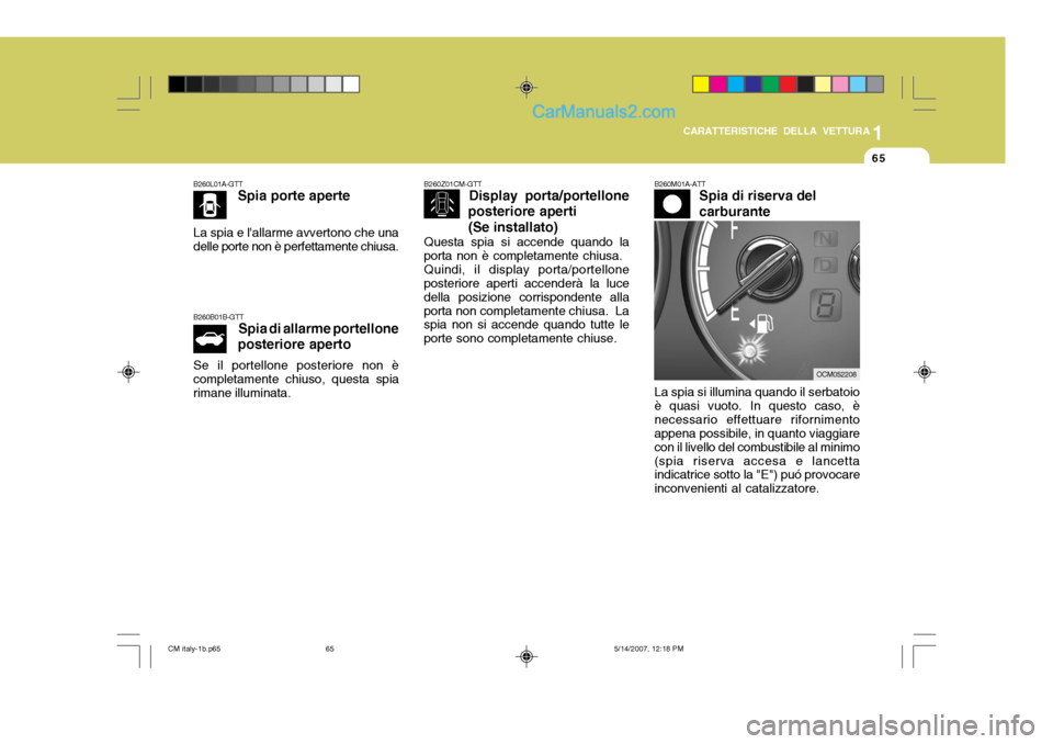 Hyundai Santa Fe 2007 Manuale del proprietario (in Italian) 1
CARATTERISTICHE DELLA VETTURA
65
B260M01A-ATT Spia di riserva del carburante
B260Z01CM-GTT
Display porta/portellone
posteriore aperti
(Se installato)
Questa spia si accende quando la
porta non è co Hyundai Santa Fe 2007 Manuale del proprietario (in Italian) 1
CARATTERISTICHE DELLA VETTURA
65
B260M01A-ATT Spia di riserva del carburante
B260Z01CM-GTT
Display porta/portellone
posteriore aperti
(Se installato)
Questa spia si accende quando la
porta non è co