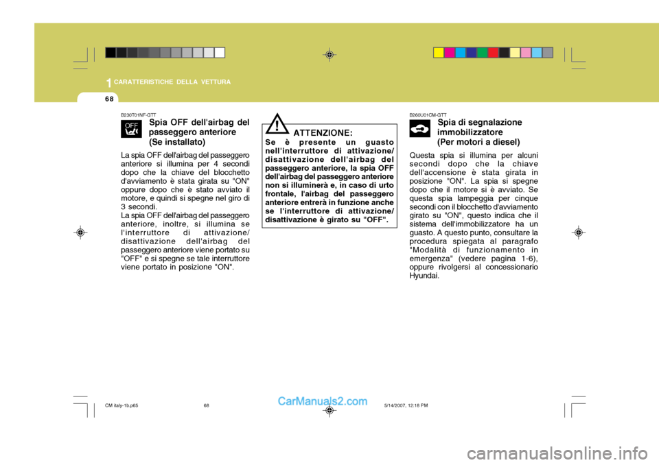 Hyundai Santa Fe 2007 Manuale del proprietario (in Italian) 1CARATTERISTICHE DELLA VETTURA
68
B260U01CM-GTTSpia di segnalazione
immobilizzatore (Per motori a diesel)
Questa spia si illumina per alcuni
secondi dopo che la chiave dellaccensione è stata girata Hyundai Santa Fe 2007 Manuale del proprietario (in Italian) 1CARATTERISTICHE DELLA VETTURA
68
B260U01CM-GTTSpia di segnalazione
immobilizzatore (Per motori a diesel)
Questa spia si illumina per alcuni
secondi dopo che la chiave dellaccensione è stata girata