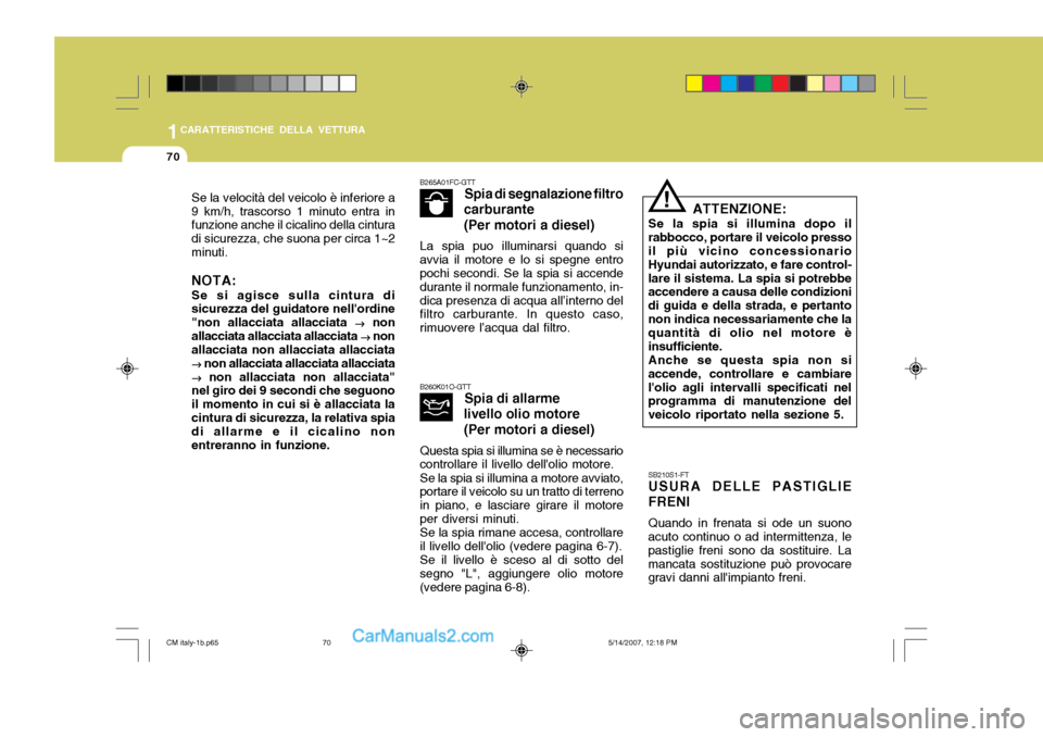 Hyundai Santa Fe 2007 Manuale del proprietario (in Italian) 1CARATTERISTICHE DELLA VETTURA
70
B260K01O-GTTSpia di allarme
livello olio motore (Per motori a diesel)
Questa spia si illumina se è necessario
controllare il livello dellolio motore.
Se la spia si Hyundai Santa Fe 2007 Manuale del proprietario (in Italian) 1CARATTERISTICHE DELLA VETTURA
70
B260K01O-GTTSpia di allarme
livello olio motore (Per motori a diesel)
Questa spia si illumina se è necessario
controllare il livello dellolio motore.
Se la spia si