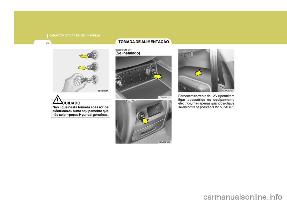 Hyundai Santa Fe 2007  Manual do proprietário (in Portuguese) 1CARACTERÍSTICAS DO SEU HYUNDAI
90
!
CUIDADO
Não ligue nesta tomada acessórios eléctricos ou outro equipamento que não sejam peças Hyundai genuínas.
HHR2098A
TOMADA DE ALIMENTAÇÃO
B500D01CM-G