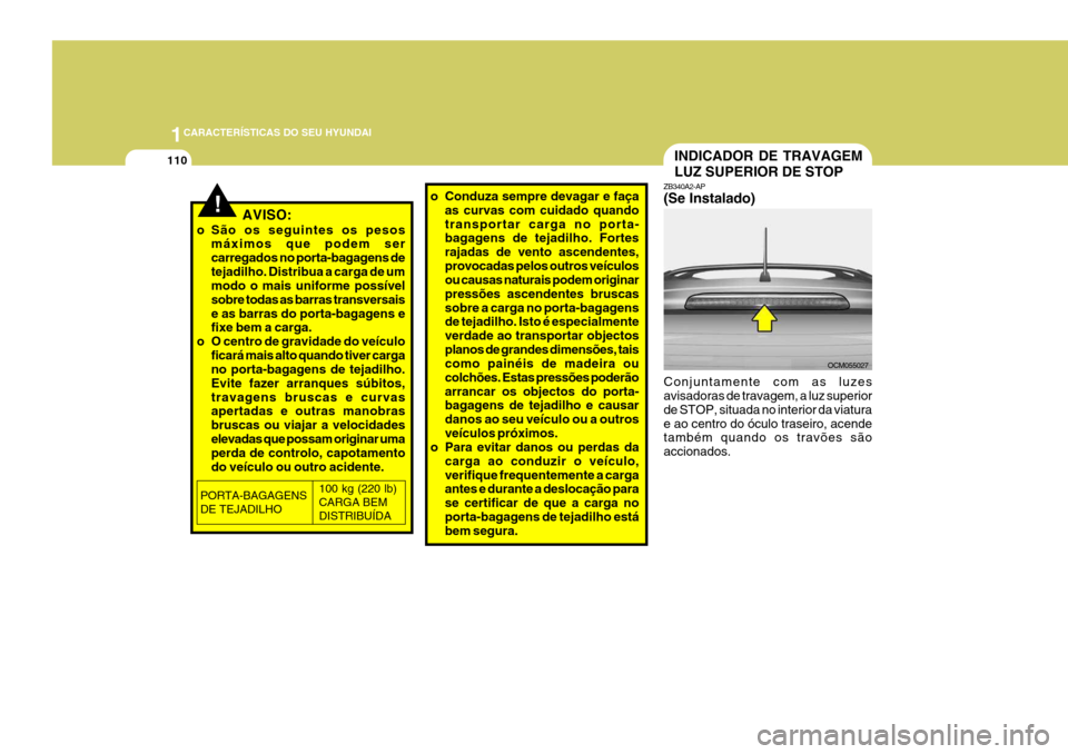 Hyundai Santa Fe 2007 Manual do proprietário (in Portuguese) 1CARACTERÍSTICAS DO SEU HYUNDAI
110
!AVISO:
o São os seguintes os pesos máximos que podem ser carregados no porta-bagagens detejadilho. Distribua a carga de um modo o mais uniforme possível sobre Hyundai Santa Fe 2007 Manual do proprietário (in Portuguese) 1CARACTERÍSTICAS DO SEU HYUNDAI
110
!AVISO:
o São os seguintes os pesos máximos que podem ser carregados no porta-bagagens detejadilho. Distribua a carga de um modo o mais uniforme possível sobre