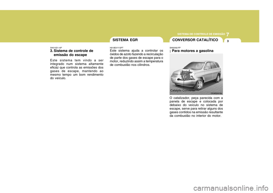 Hyundai Santa Fe 2007  Manual do proprietário (in Portuguese) 7
SISTEMA DE CONTROLE DE EMISSÃO
3CONVERSOR CATALÍTICO
SH010D1-AP
3. Sistema de controle de
emissão do escape
Este sistema tem vindo a ser integrado num sistema altamente eficáz que controla as em