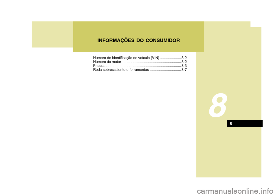 Hyundai Santa Fe 2007  Manual do proprietário (in Portuguese) 8
INFORMAÇÕES DO CONSUMIDOR
8
Número de identificação do veículo (VIN) ..................... 8-2 
Número do motor ........................................................... 8-2Pneus...........