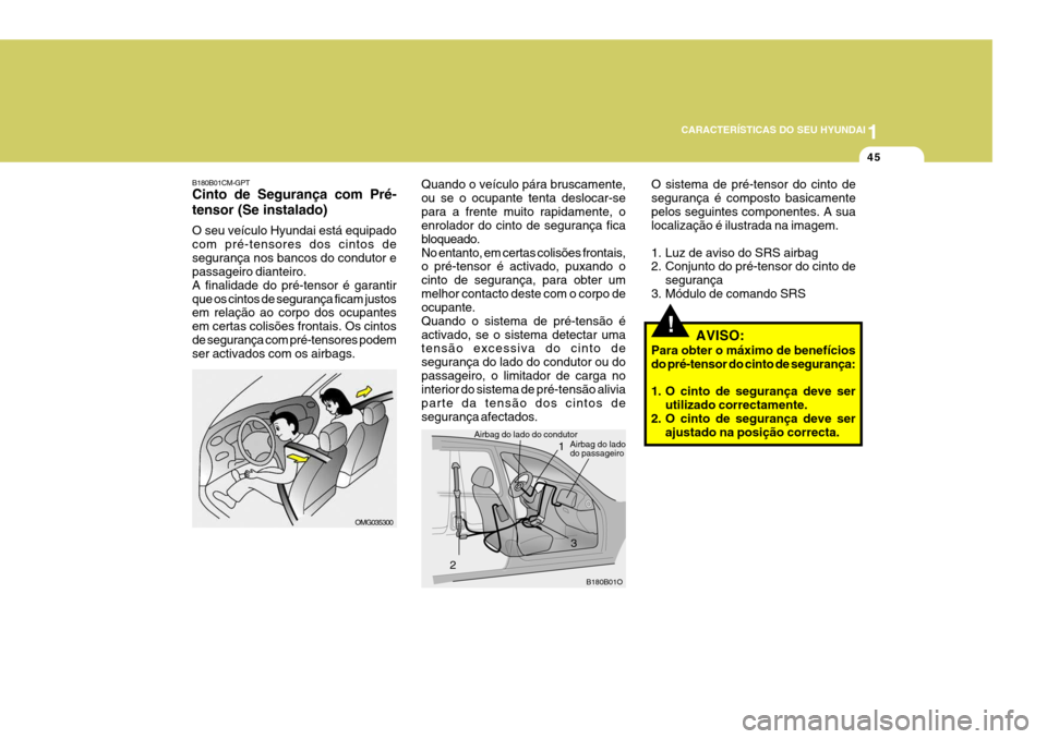 Hyundai Santa Fe 2007 Manual do proprietário (in Portuguese) 1
CARACTERÍSTICAS DO SEU HYUNDAI
45
B180B01CM-GPT Cinto de Segurança com Pré- tensor (Se instalado) O seu veículo Hyundai está equipado com pré-tensores dos cintos desegurança nos bancos do con Hyundai Santa Fe 2007 Manual do proprietário (in Portuguese) 1
CARACTERÍSTICAS DO SEU HYUNDAI
45
B180B01CM-GPT Cinto de Segurança com Pré- tensor (Se instalado) O seu veículo Hyundai está equipado com pré-tensores dos cintos desegurança nos bancos do con