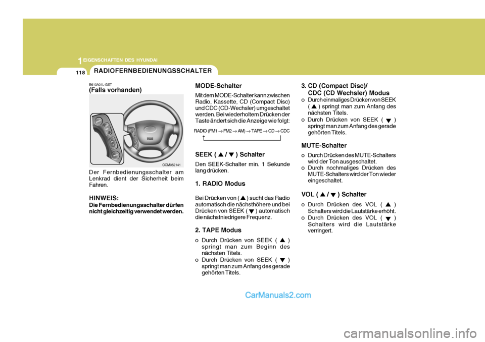 Hyundai Santa Fe 2006 Betriebsanleitung (in German) 1EIGENSCHAFTEN DES HYUNDAI
118
SEEK (
/ ) Schalter
Den SEEK-Schalter min. 1 Sekunde lang drücken. 1. RADIO Modus Bei Drücken von (
) sucht das Radio
automatisch die nächsthöhere und bei Drüc Hyundai Santa Fe 2006 Betriebsanleitung (in German) 1EIGENSCHAFTEN DES HYUNDAI
118
SEEK (
/ ) Schalter
Den SEEK-Schalter min. 1 Sekunde lang drücken. 1. RADIO Modus Bei Drücken von (
) sucht das Radio
automatisch die nächsthöhere und bei Drüc