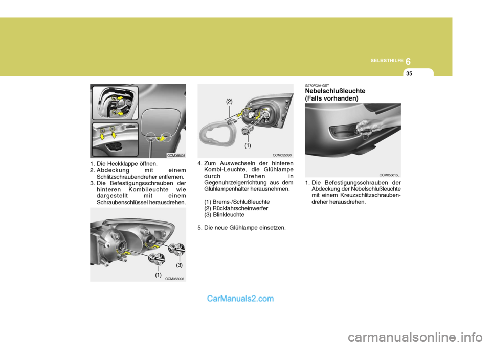 Hyundai Santa Fe 2006  Betriebsanleitung (in German) 6
SELBSTHILFE
35
1. Die Heckklappe öffnen. 
2. Abdeckung mit einem Schlitzschraubendreher entfernen.
3. Die Befestigungsschrauben der
hinteren Kombileuchte wie dargestellt mit einem Schraubenschlüss