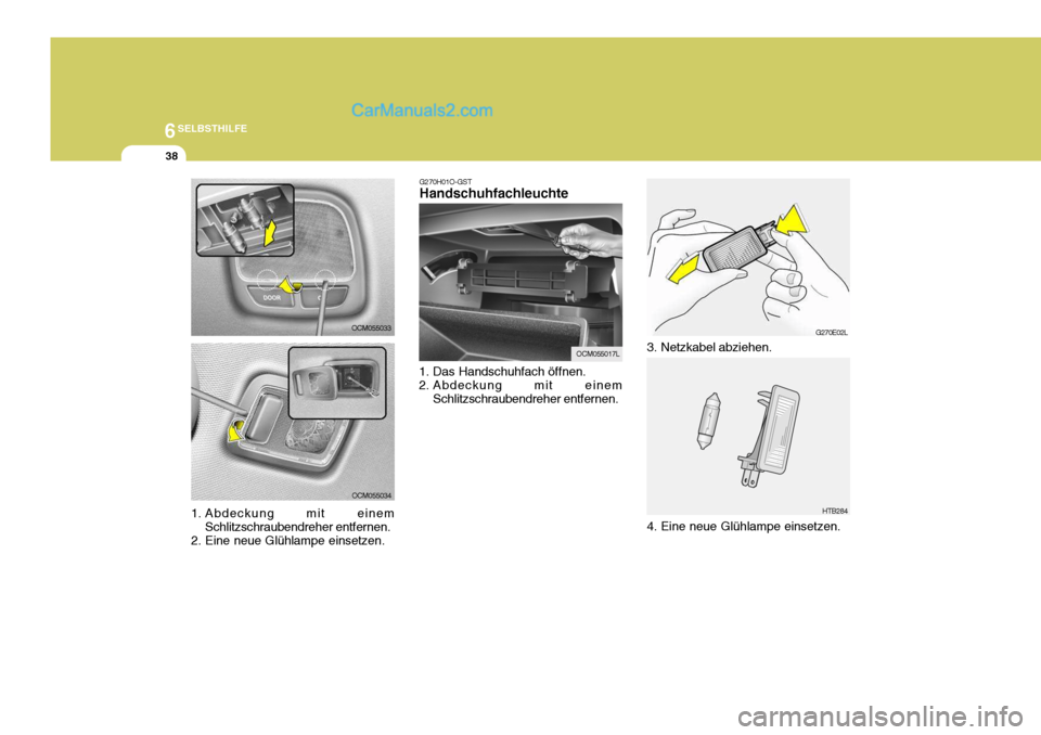 Hyundai Santa Fe 2006  Betriebsanleitung (in German) 6SELBSTHILFE
38
OCM055033
OCM055034 G270H01O-GST Handschuhfachleuchte
1. Das Handschuhfach öffnen. 
2. Abdeckung mit einem Schlitzschraubendreher entfernen.
OCM055017L
G270E02L
HTB284
3. Netzkabel ab