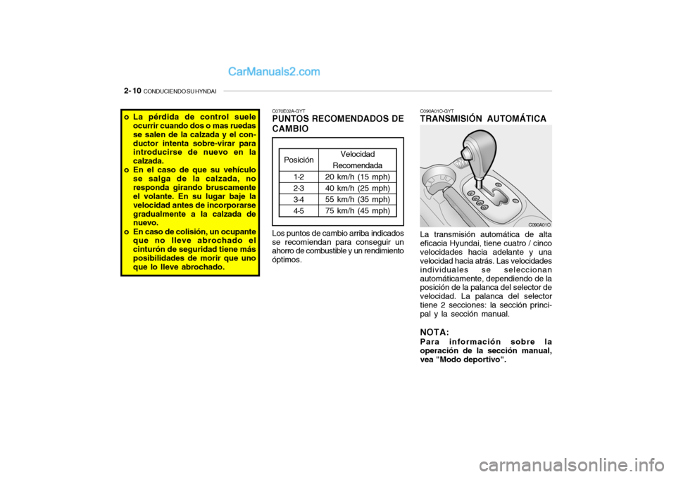 Hyundai Santa Fe 2006 Manual del propietario (in Spanish) 2- 10
CONDUCIENDO SU HYNDAI
C090A01O
La transmisión automática de alta
eficacia Hyundai, tiene cuatro / cinco
velocidades hacia adelante y una
velocidad hacia atrás. Las velocidades
individuales Hyundai Santa Fe 2006 Manual del propietario (in Spanish) 2- 10
CONDUCIENDO SU HYNDAI
C090A01O
La transmisión automática de alta
eficacia Hyundai, tiene cuatro / cinco
velocidades hacia adelante y una
velocidad hacia atrás. Las velocidades
individuales