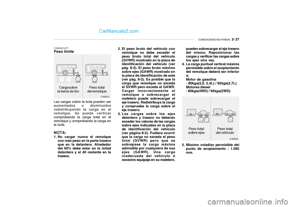 Hyundai Santa Fe 2006 Manual del propietario (in Spanish) CONDUCIENDO SU HYNDAI
2- 27
Carga sobre
la barra de tiro
C190E01L C190E05O-GYT
Peso límiteLas cargas sobre la bola pueden ser
aumentados o disminuidos
redistribuyendo la carga en el
remolque. Se p Hyundai Santa Fe 2006 Manual del propietario (in Spanish) CONDUCIENDO SU HYNDAI
2- 27
Carga sobre
la barra de tiro
C190E01L C190E05O-GYT
Peso límiteLas cargas sobre la bola pueden ser
aumentados o disminuidos
redistribuyendo la carga en el
remolque. Se p