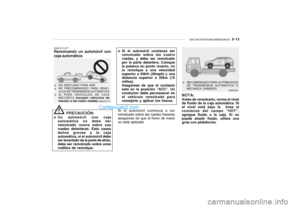 Hyundai Santa Fe 2006 Manual del propietario (in Spanish) QUE HACER EN UNA EMERGENCIA
3- 13
D080C01O-Y D080C01O-GYT
Remolcando un automóvil con
caja automática
PRECAUCIÓN:o Un automóvil con caja
automática no debe ser
remolcado nunca sobre sus
ruedas Hyundai Santa Fe 2006 Manual del propietario (in Spanish) QUE HACER EN UNA EMERGENCIA
3- 13
D080C01O-Y D080C01O-GYT
Remolcando un automóvil con
caja automática
PRECAUCIÓN:o Un automóvil con caja
automática no debe ser
remolcado nunca sobre sus
ruedas