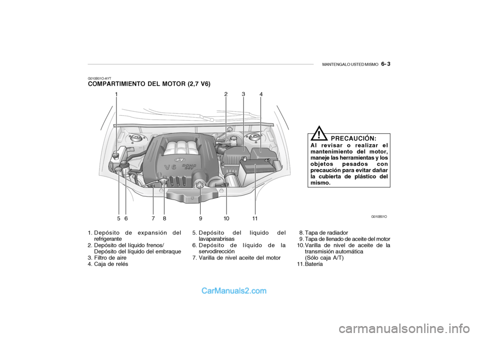Hyundai Santa Fe 2006  Manual del propietario (in Spanish) MANTENGALO USTED MISMO
   6- 3
G010B01O-AYTCOMPARTIMIENTO DEL MOTOR (2,7 V6)1. Depósito de expansión del
refrigerante
2. Depósito del líquido frenos/
Depósito del líquido del embraque
3. Filtro 